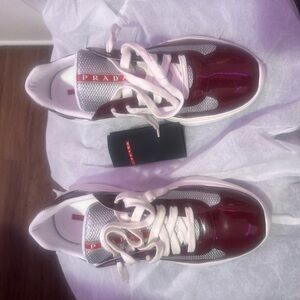 Prada Maroon and White Lace-Up Sneakers